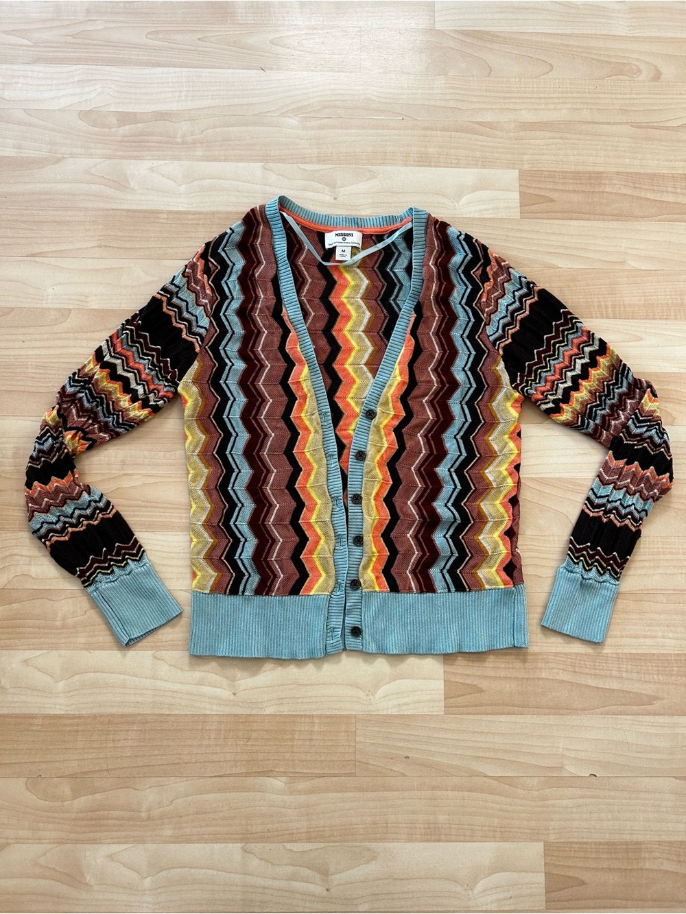 Missoni Multicolor Zigzag Knit Cardigan with Light Blue Trim